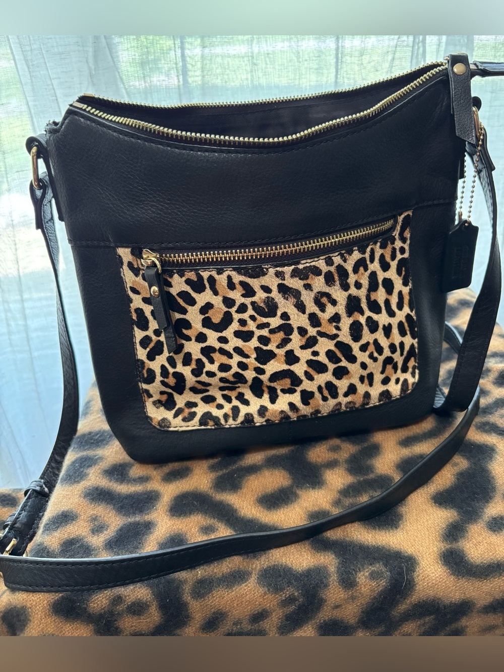 Black Leather Crossbody Bag with Leopard Front Pocket